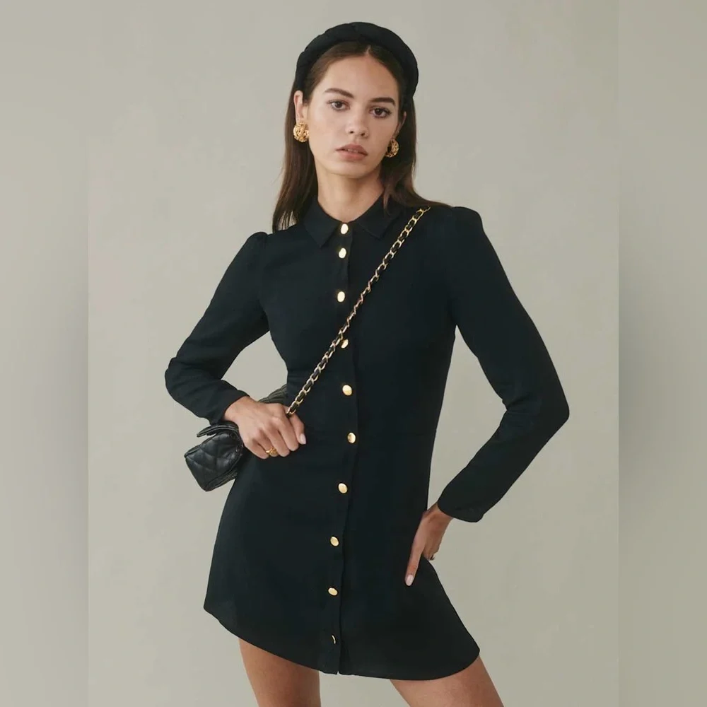 reformation hugh button up long sleeve mini shirt dress - Picture 1 of 8
